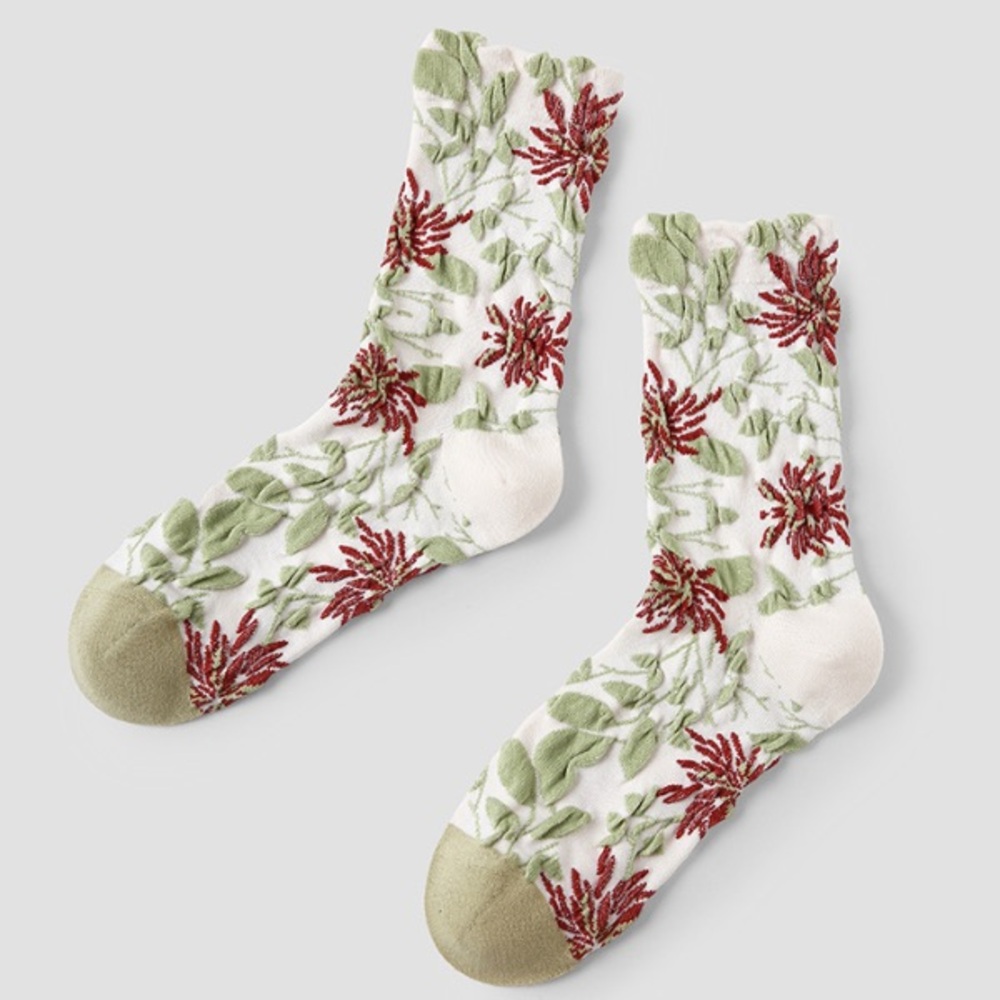 Floral Crew Socks in White, Green & Red
